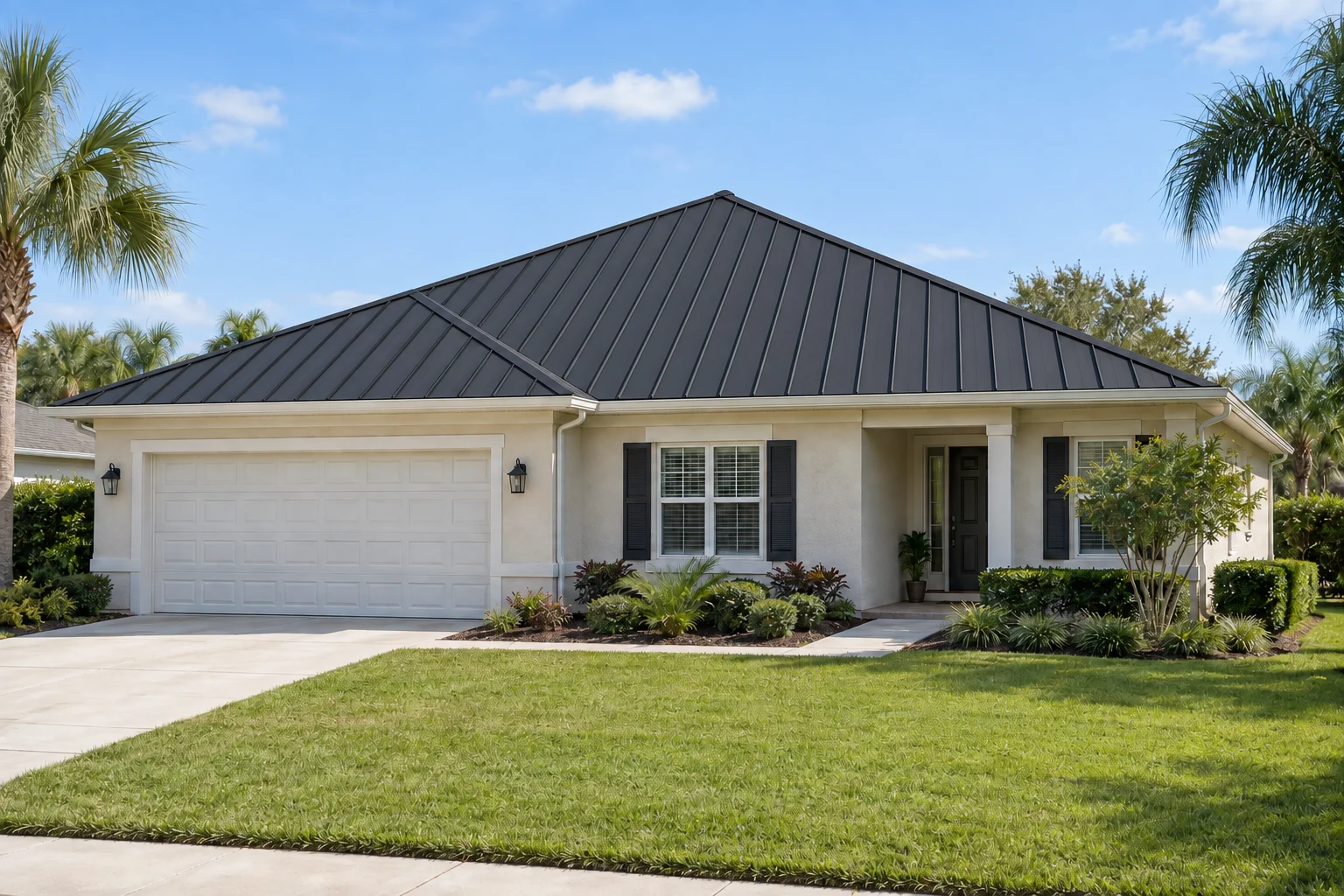 The same example Florida home with matte black standing-seam metal
